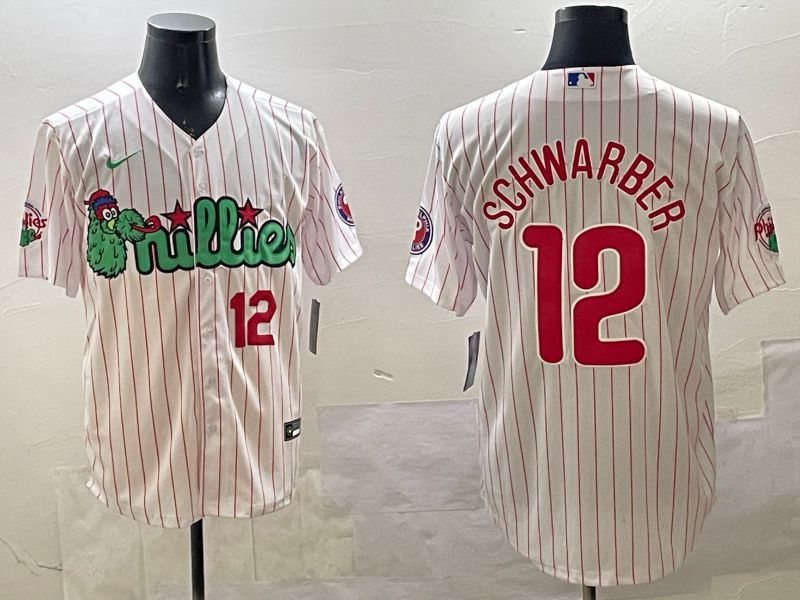 Men Philadelphia Phillies #12 Schwarber White Stripe Three generations Joint Name Game 2025 Nike MLB Jersey style 4->philadelphia phillies->MLB Jersey